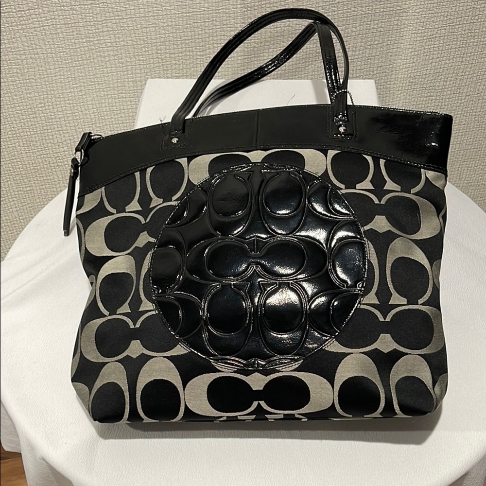 Coach Black and Gray Tote with Dimensional Rose Pattern